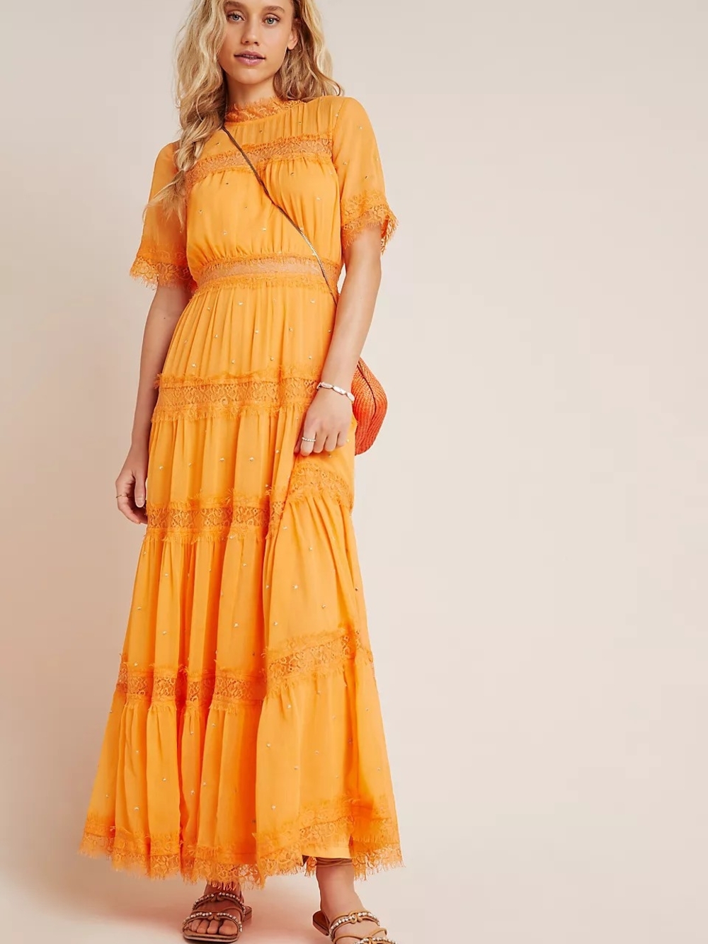 BNWT Anthropologie (Ranna Gill) Women’s Orange Tiered Lace Maxi